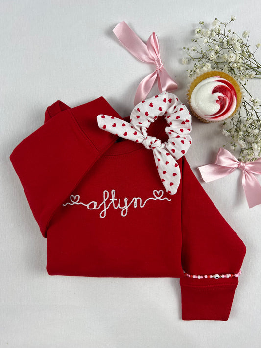Girl's Custom Valentine’s Day Bundle - Embroidered Sweater, Bracelet, and Scrunchie